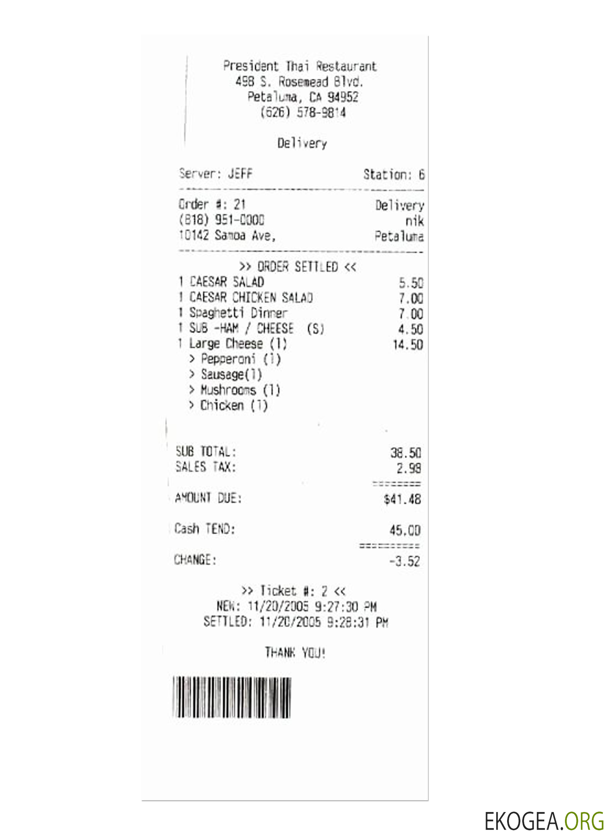 PRESIDENT THAI RESTAURANT chèque de paiement version 2